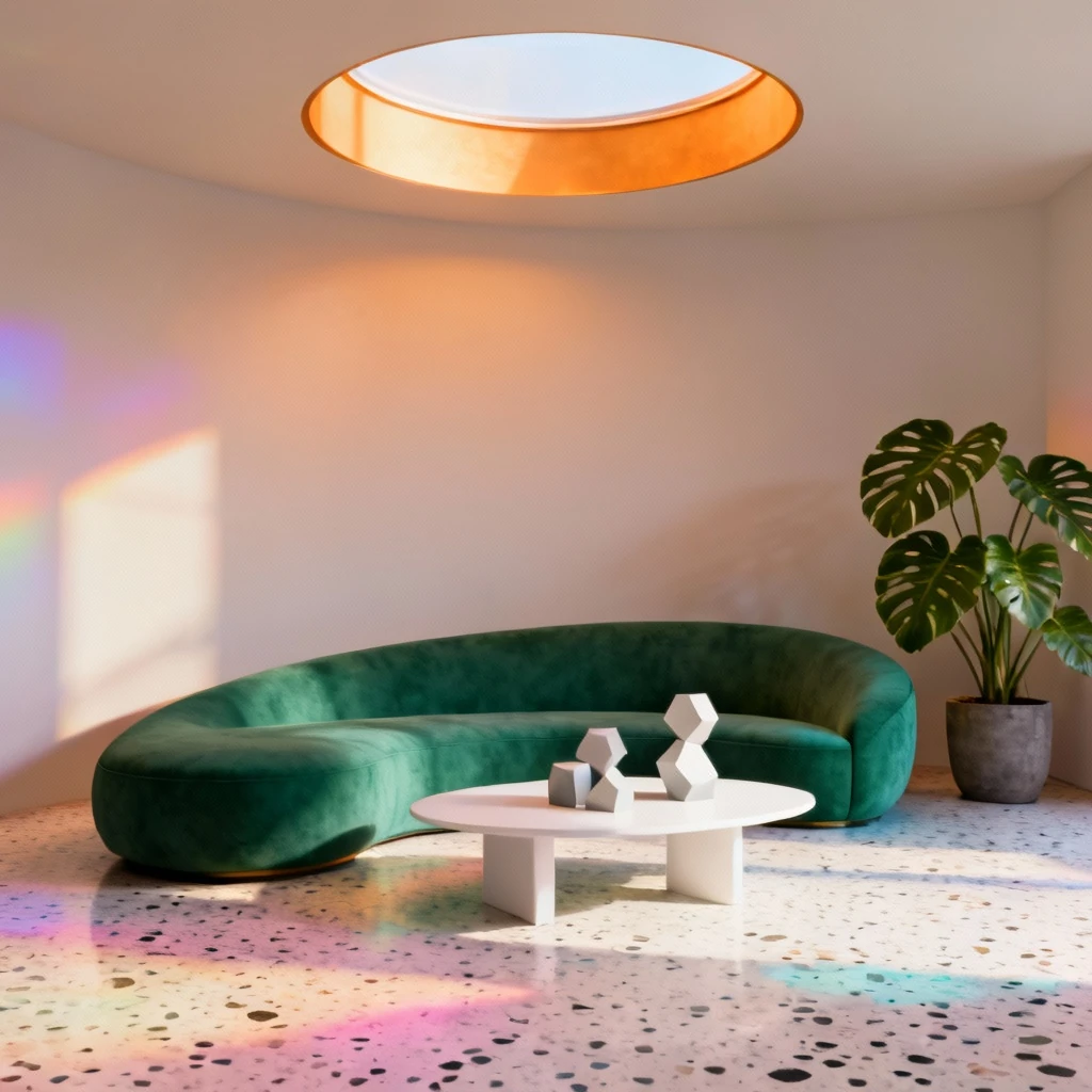A curved green sofa and white coffee table sit beneath an oval skylight, with rainbow light falling across a terrazzo floor.