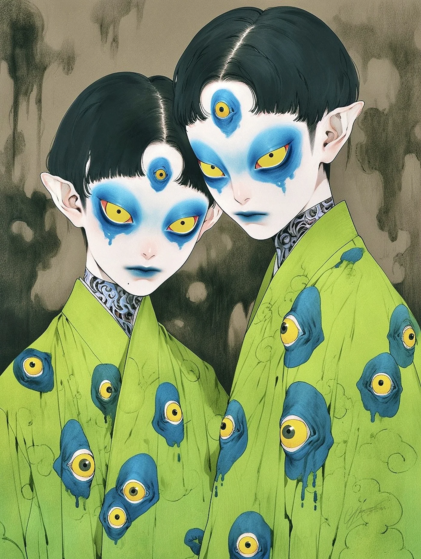 Two pointed-ear figures in lime robes with blue and white third-eye faces