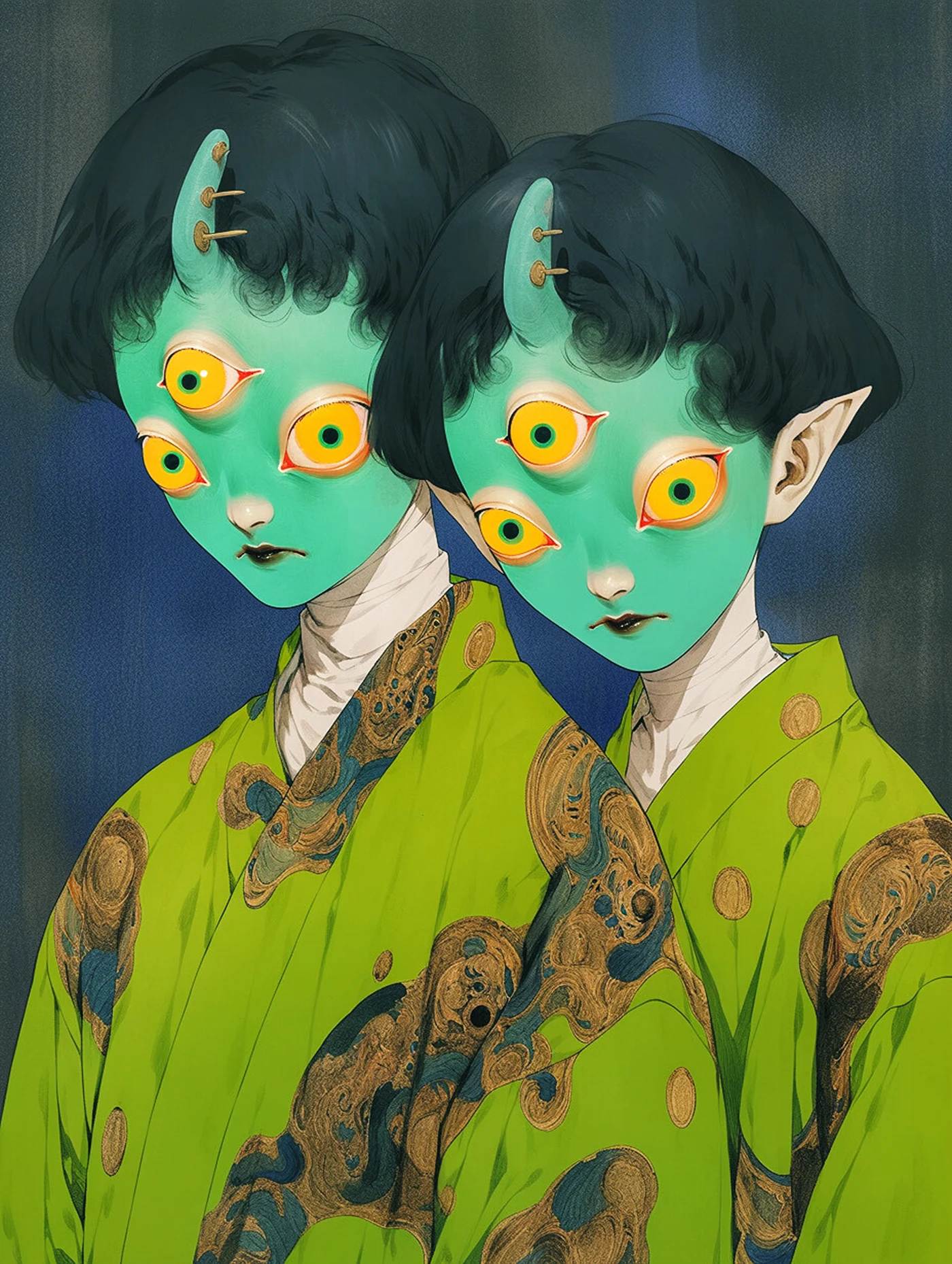 A pair of small-horned figures with green faces and luminous yellow eyes