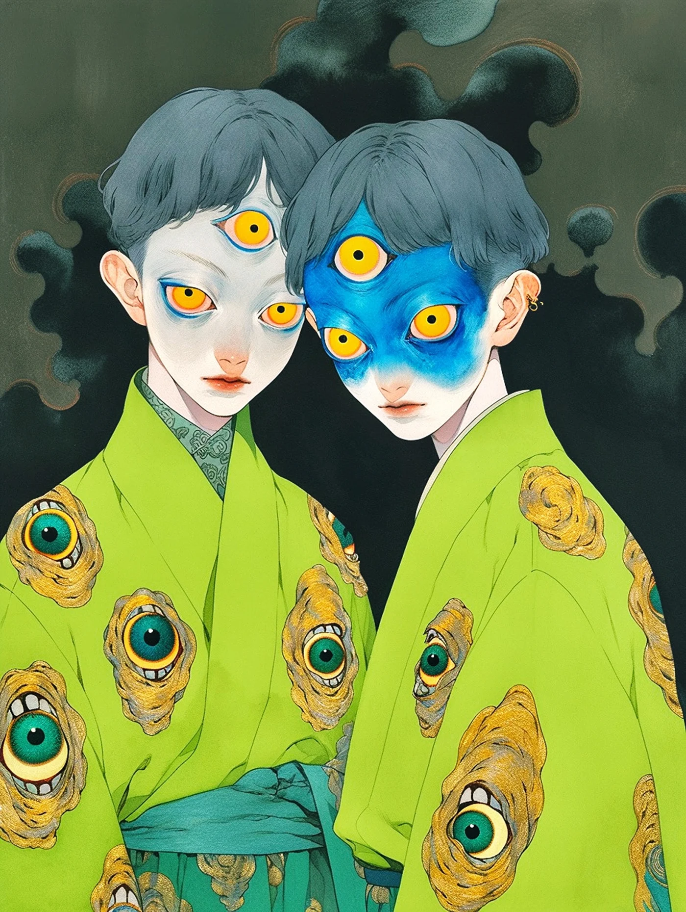 Twin figures in lime robes, one pale-faced and one blue-faced, with yellow third eyes