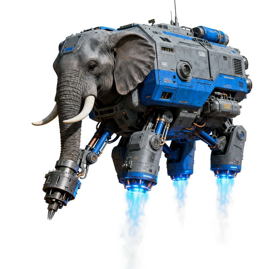 An elephant-shaped machine with a gray head, blue armored body and mechanical legs emitting bright blue jets.
