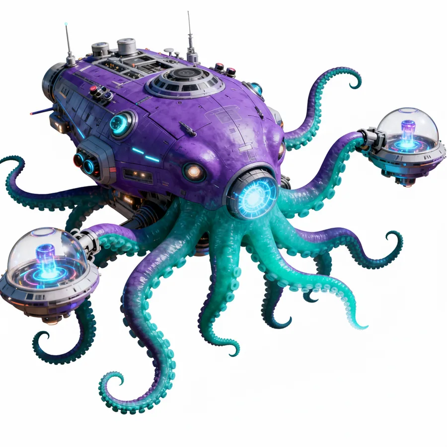 A purple octopus-shaped spacecraft with turquoise mechanical tentacles, glowing blue lights and small saucer pods.