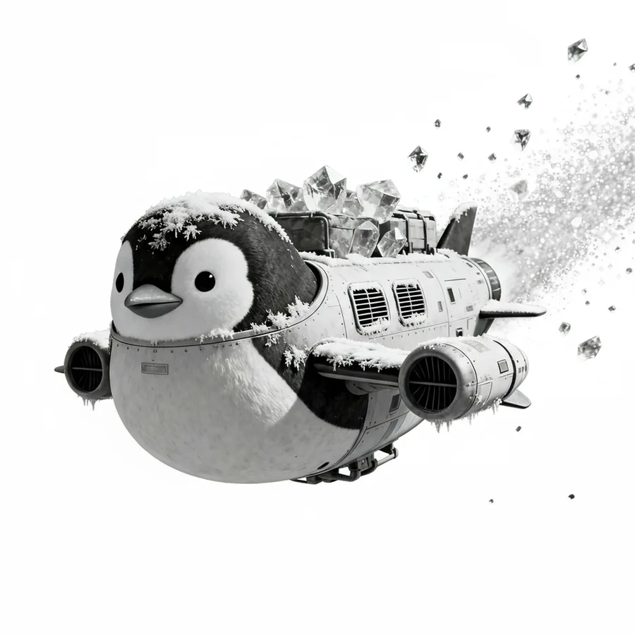 A rounded black-and-white penguin-shaped aircraft with side jet engines and a snowy trail.