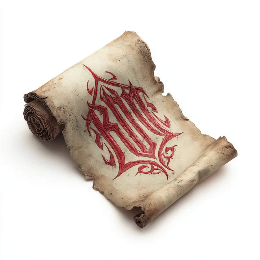 A curled, weathered parchment scroll with an intricate red emblem on a white background.