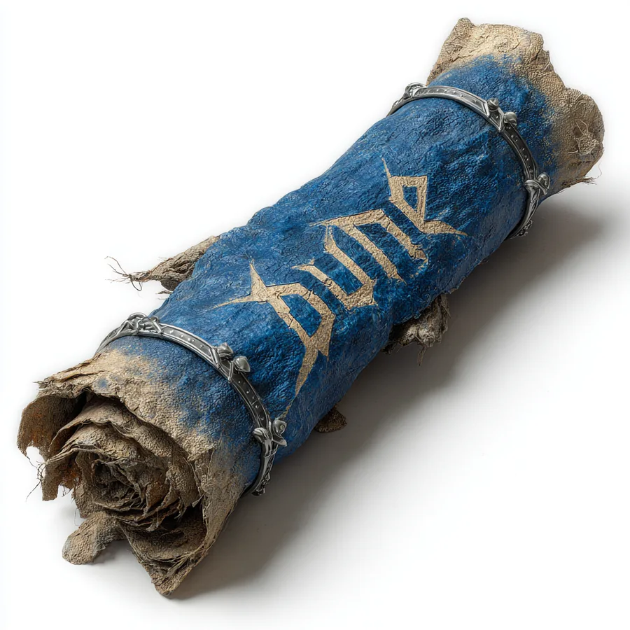 A worn parchment scroll wrapped in faded blue material with gold lettering and thin metal bindings.