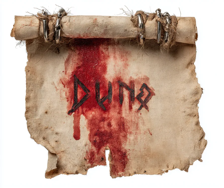 A torn hanging parchment with a rolled top, a broad red stain and dark angular lettering.