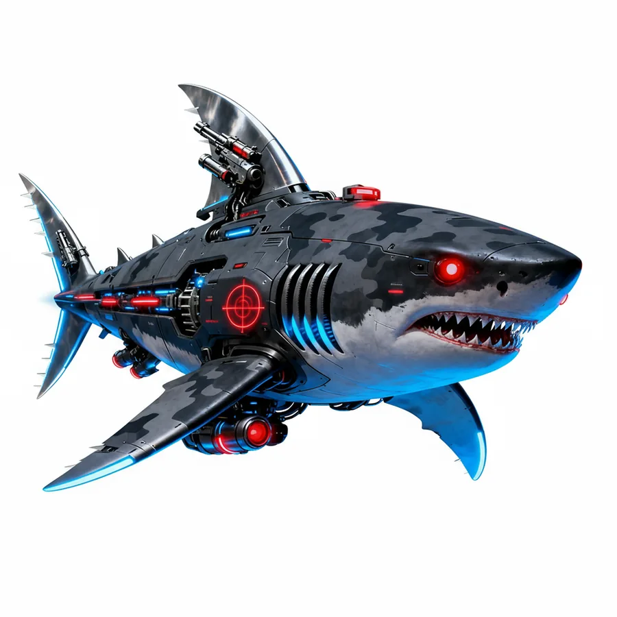 A black and silver robotic shark with exposed machinery, red lights and blue accents on a white background.
