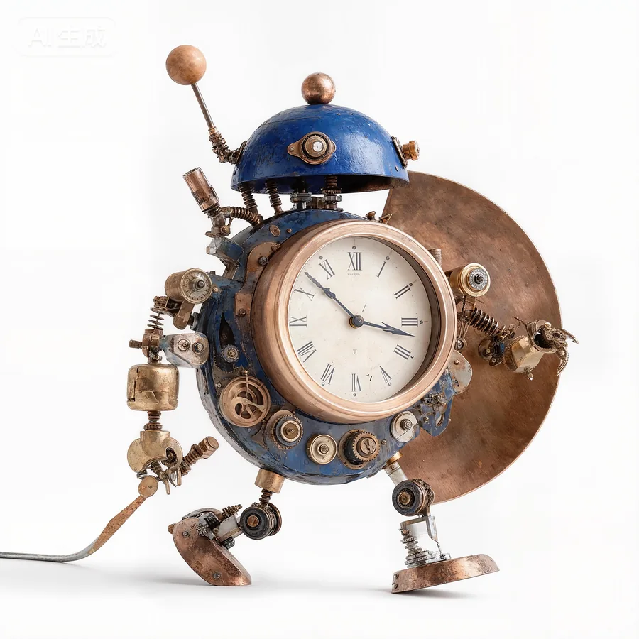 A small clock-bodied robot with a blue metal cap, brass mechanisms, articulated limbs and a round shield-like backplate.