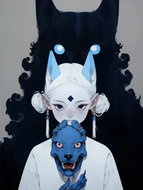 A pale masked figure beneath a towering black cat with electric blue eyes