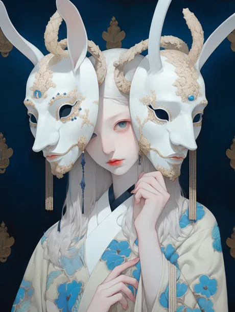 A figure in turquoise and gold robes framed by ornate ivory masks