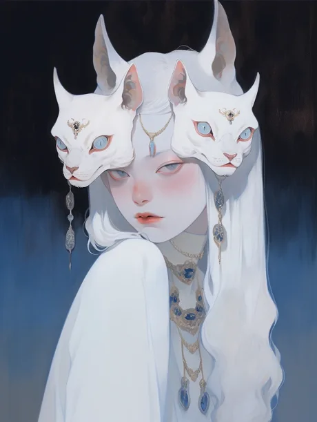 A white-haired figure looking over one shoulder beneath paired animal masks