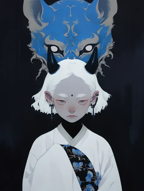 A small pale figure beneath a monumental blue and gold animal mask
