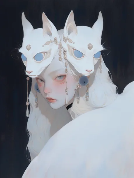 A white-haired figure behind a white sleeve and two ivory masks