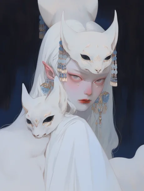 A pale figure with one white animal mask above the forehead and another at the shoulder