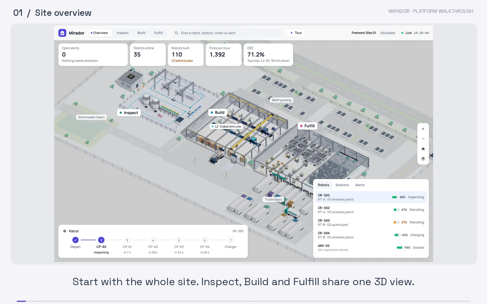 Mirador AI mission workspace: a robot delivery plan, route map and approval flow.