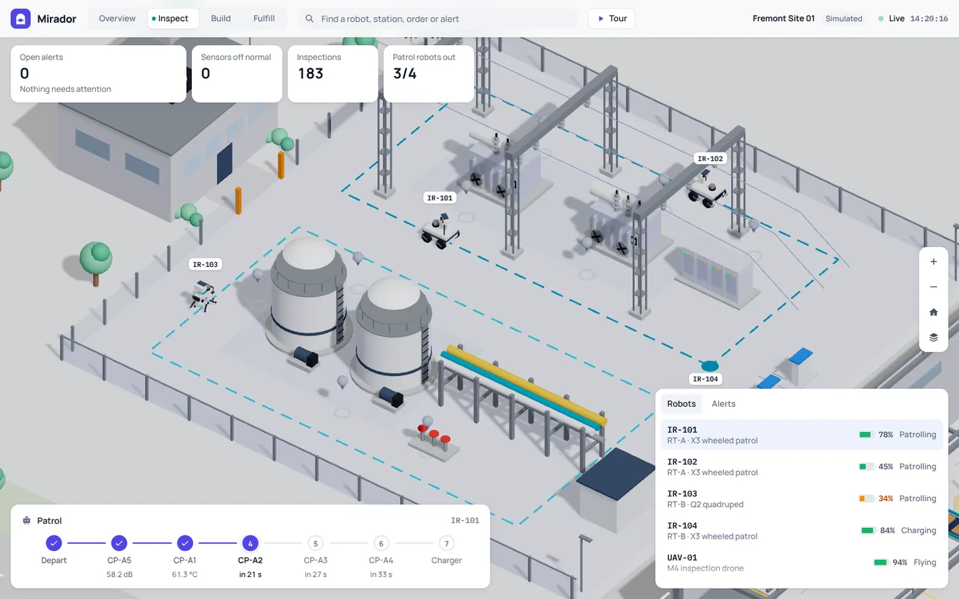 Mirador inspection yard with patrol robots and checkpoints