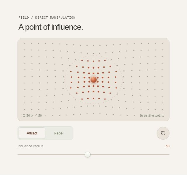 Drag the influence point, choose attraction or repulsion, and adjust its radius.