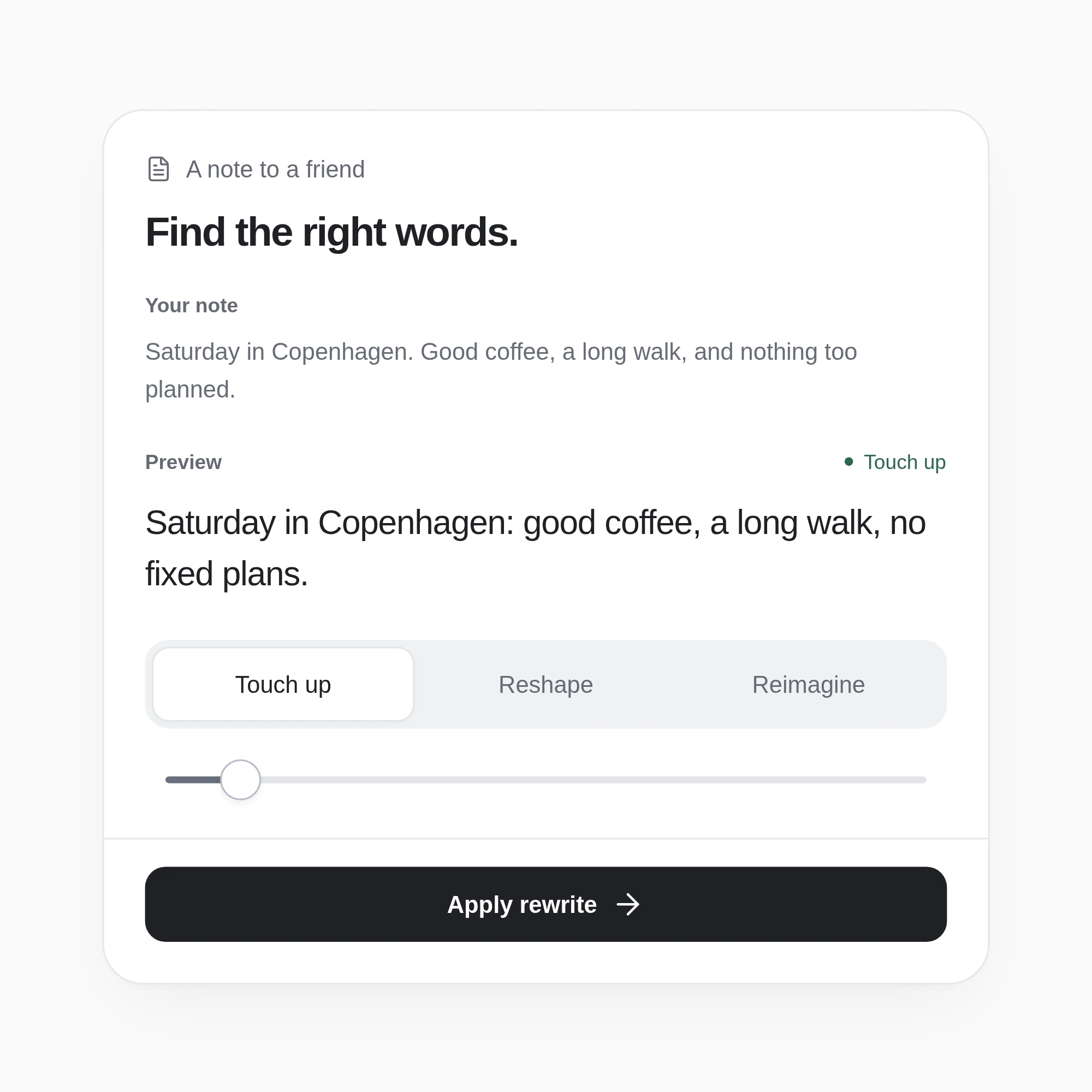 A slider previews three rewrite strengths, applies a rewrite, and restores the original.
